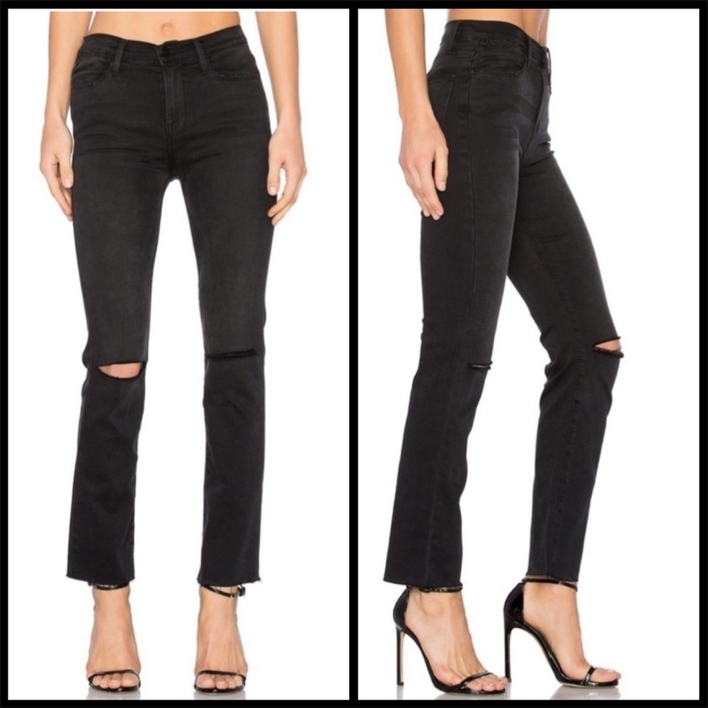 Frame Le High Straight Jeans 30 Black Distressed Ripped Knee Raw Hem Grunge Chic